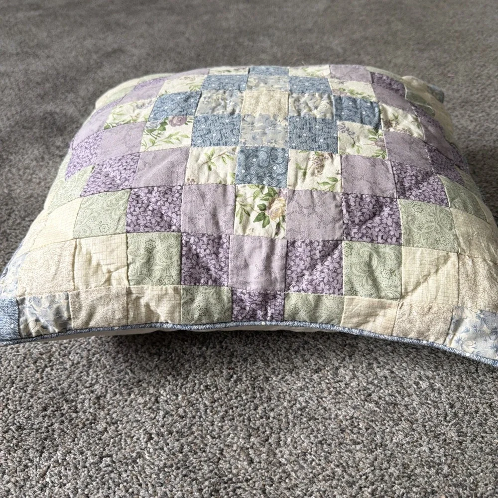 Vtg Cottagecore Patchwork Quilted Pillow Purple, Blue Floral 16